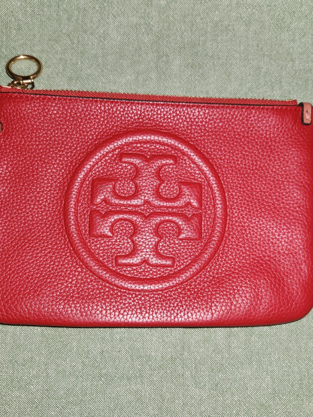 Tory Burch Red Pebbled Leather Logo Wristlet Pouch